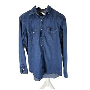 Wrangler Pearl Snap Blue Denim Shirt Men's 80s Western Cowboy Vintage 16 1/2X35
